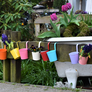 A fence with flowercontainers hanging from it in different colours